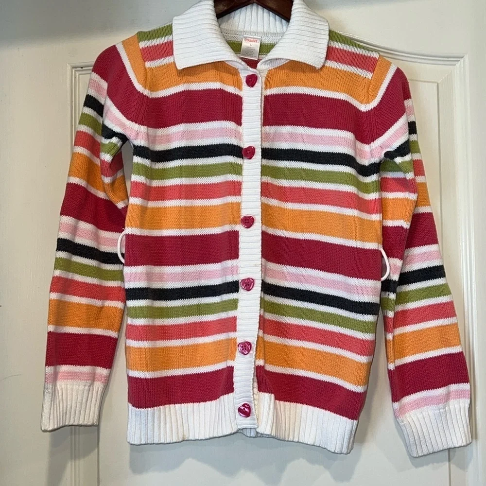 Colorful Striped Girl’s Collared Cardigan with Heart Buttons